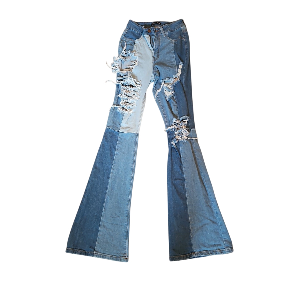Fashion Nova Blue Flare Patchwork Jeans